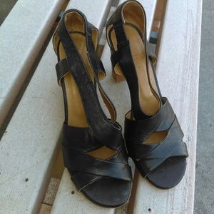 Coclico Black Leather Strappy Open Toe Sandal Heel